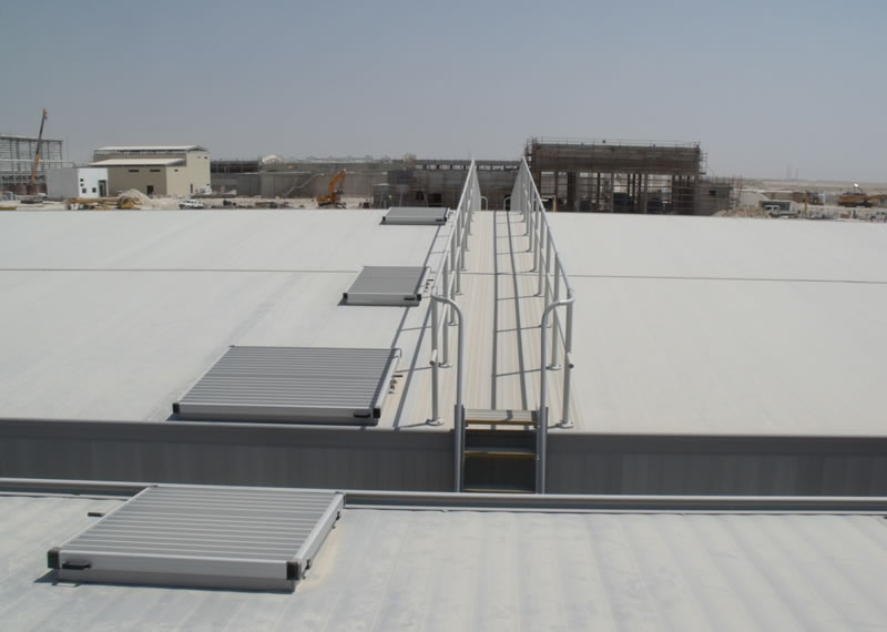 Aluminium raised access cover and stairs to anodised aluminium odour control roof cover Qatar Water Treatment plant